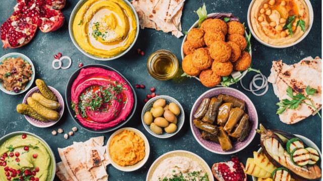 arabic-traditional-cuisine-middle-eastern-meze-with-pita-olives-picture-id1271870386