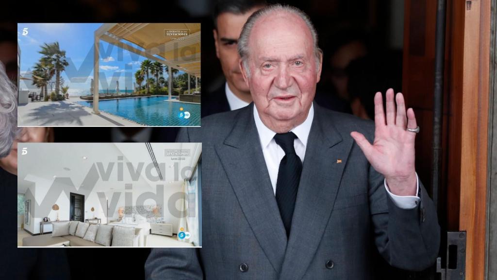 El rey emérito Juan Carlos en montaje de JALEOS junto a dos imágenes de la villa donde vive, según el programa de Telecinco.