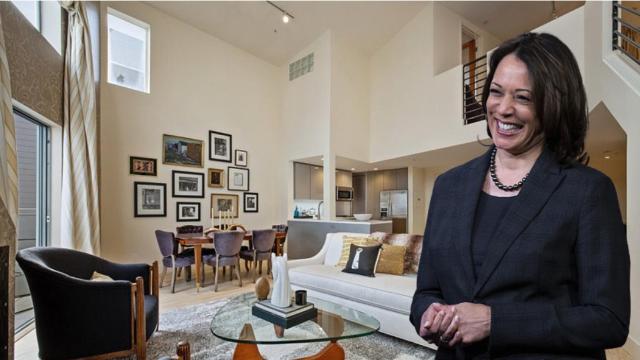 Kamala Harris junto al loft que ha vendido, en un fotomontaje de JALEOS.