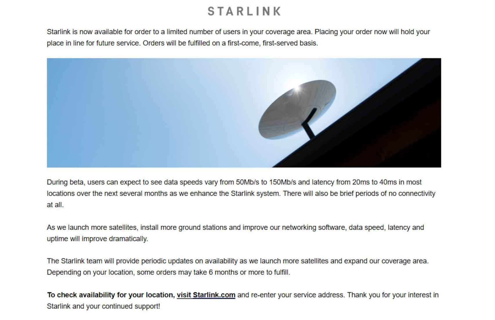 El correo que ha enviado Starlink
