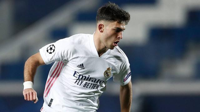 Hugo Duro en su debut en Champions con el Real Madrid frente al Atalanta