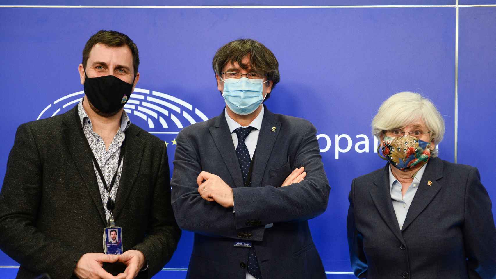 Toni Comín, Carles Puigdemont y Clara Ponsatí, este miércoles en la Eurocámara