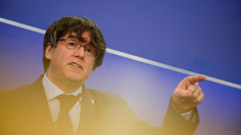 El expresidente catalán, Carles Puigdemont, en la rueda de prensa que dio el miércoles en la Eurocámara