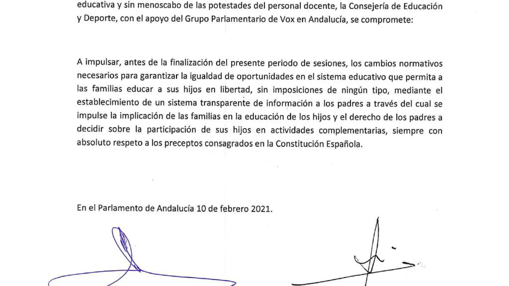 Acuerdo firmado por el consejero de Educación y Vox.