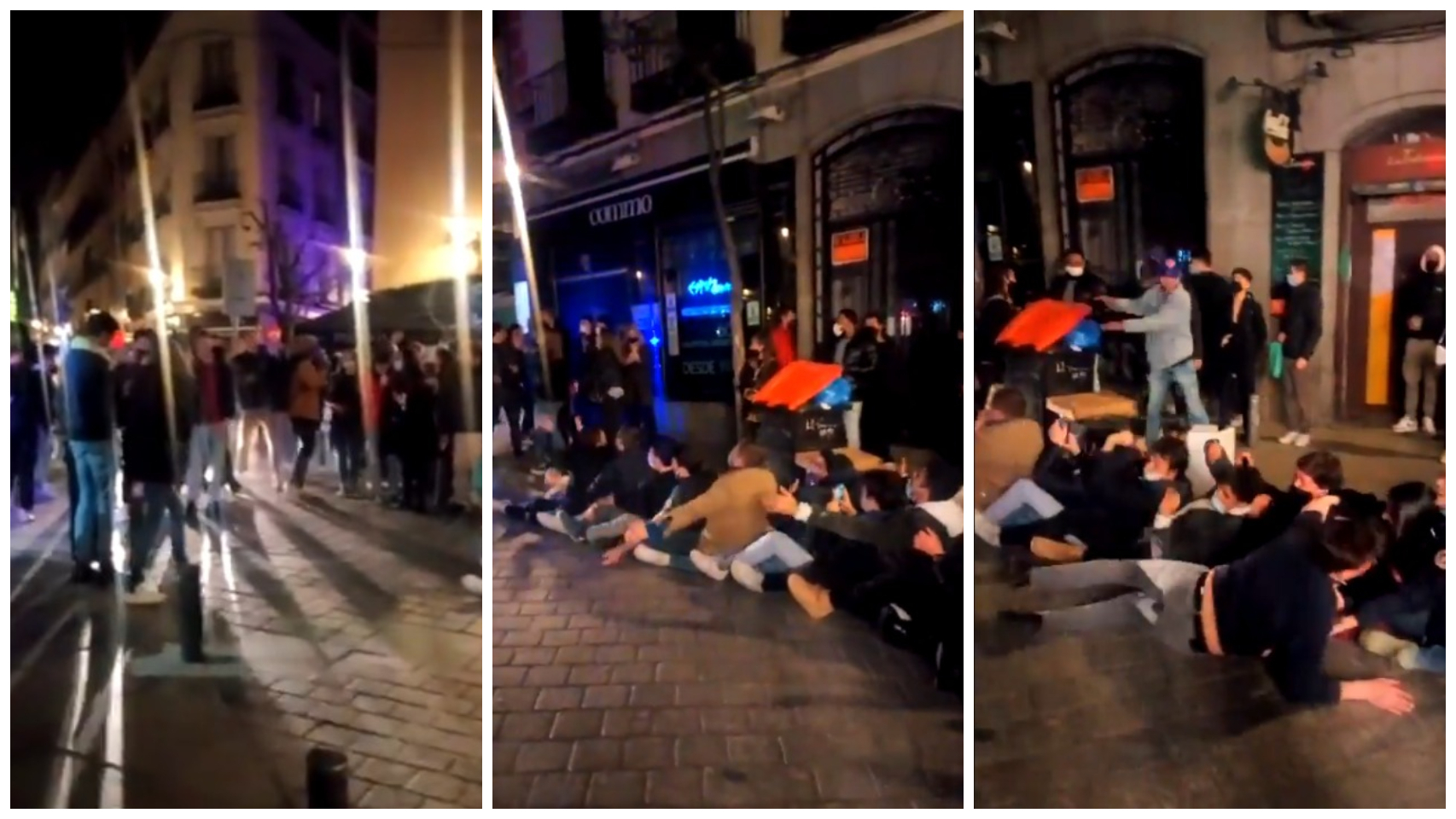 Tres imágenes del vídeo de un grupo de jóvenes incumpliendo las medidas anti Covid en Madrid.