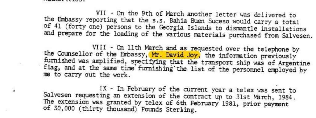David Joy, Anya Taylor-Joy's grandfather, in a declassified British Government document prior to the Falklands War.