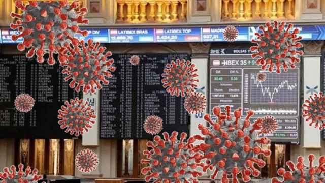 Montaje con estructuras de coronavirus en el interior de la Bolsa de Madrid.