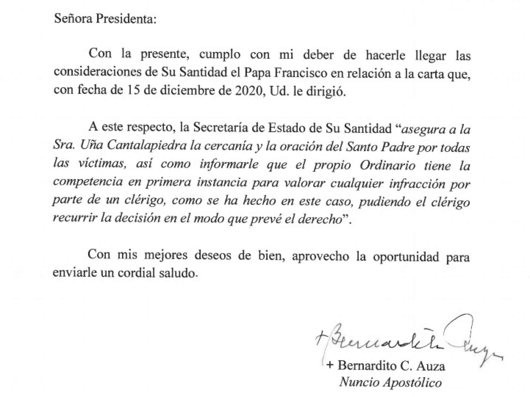 La carta de respuesta emitida desde la Santa Sede.