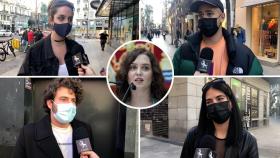 Algunos de los jóvenes entrevistados en el centro de Madrid e Isabel Díaz Ayuso.