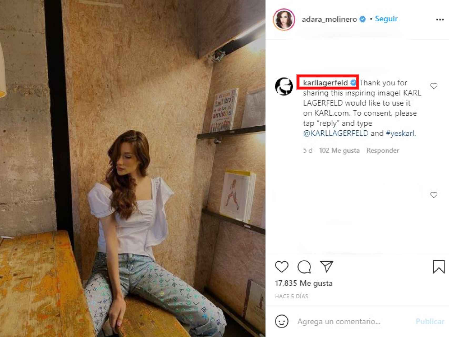 Captura de la publicación en la que Karl Lagerfeld contacta con Adara vía Instagram.