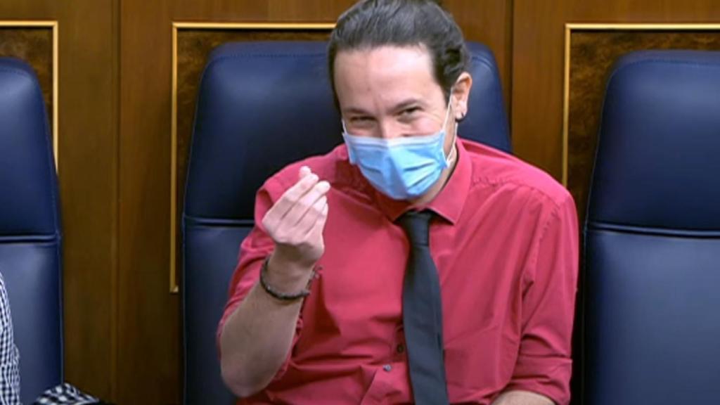 El vicepresidente segundo del Gobierno, Pablo Iglesias, este miércoles en su escaño.