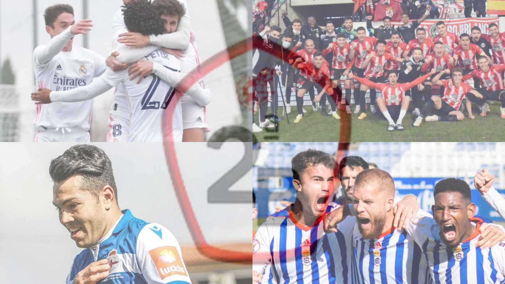 El Real Madrid Castilla, el Zamora CF, el Deportivo de La Coruña y el Recreativo de Huelva celebrando victorias en un fotomontaje con el logo de la Segunda B