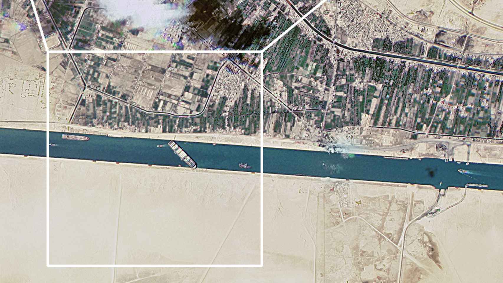 Imagen satelital que muestra la disposición del barco Ever Given