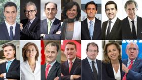 De izda. a dcha. Pedro Sánchez, Pablo Isla, Ignacio Galán, Ana Botín, José María Álvarez-Pallete, Carlos Torres, José Manuel Entrecanales, Federico Linares, Pilar López, Juan Ignacio Elizalde, Colman Deegan,  Raúl Grijalba, Nieves Segovia y Ángel Gurría.