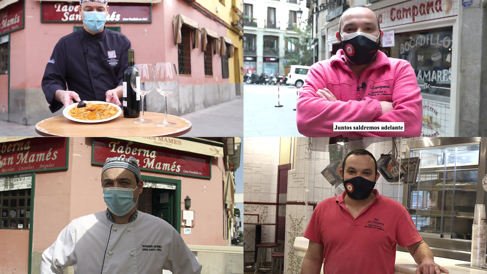 Hosteleros que apoyan a Ayuso (arriba, en el vídeo de la Comunidad de Madrid; abajo, posando para EL ESPAÑOL)