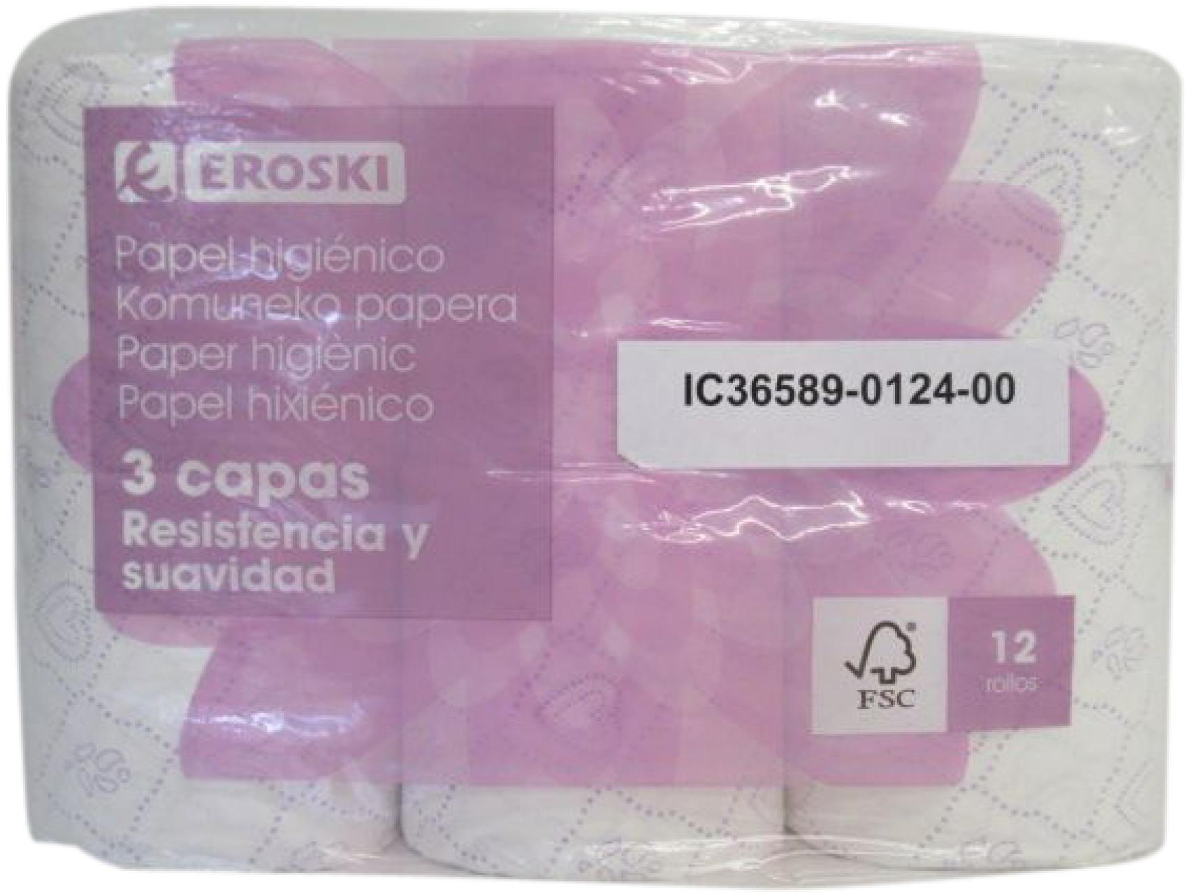 Papel higiénico 3 capas EROSKI, paquete 12 rollos