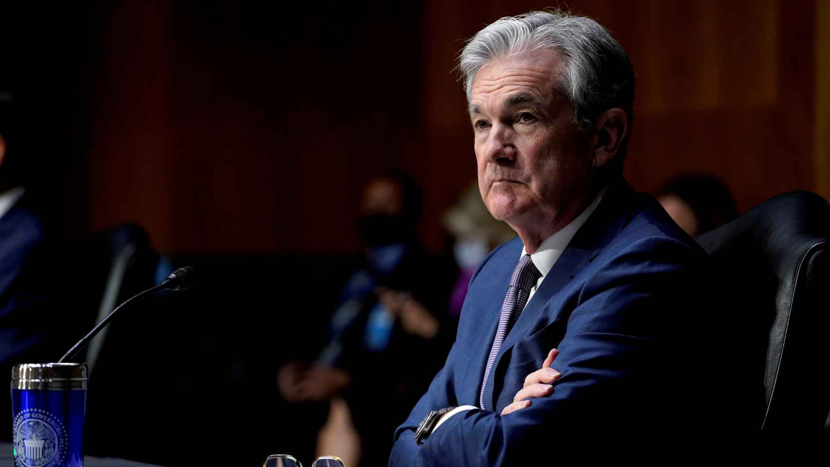 FILE PHOTO: Chair of the Federal Reserve Jerome Powell listens during a Senate Banking Committee hearing in Washington