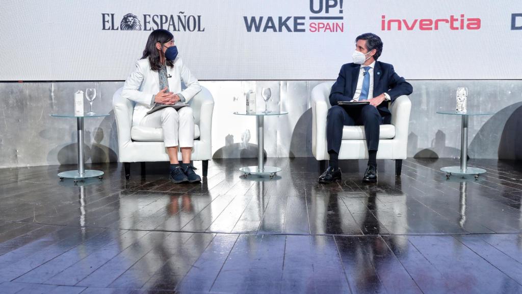 María Blasco, directora del Centro Nacional de Investigaciones Oncológicas (CNIO) y José María Álvarez-Pallete, presidente de Telefónica en el simposio 'Wake up, Spain!', organizado por EL ESPAÑOL, Invertia y D+I.