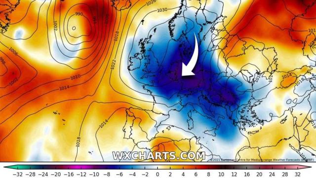 Representación de las temperaturas anómalamente bajas en Europa. Severe-weather.eu.