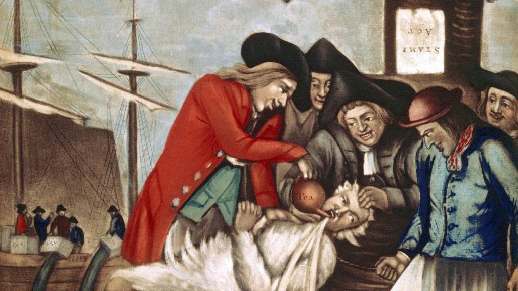 'Los bostonianos pagando al recaudador, o embreándolo y emplumándulo' (1774). Atribuido a Philip Dawe.