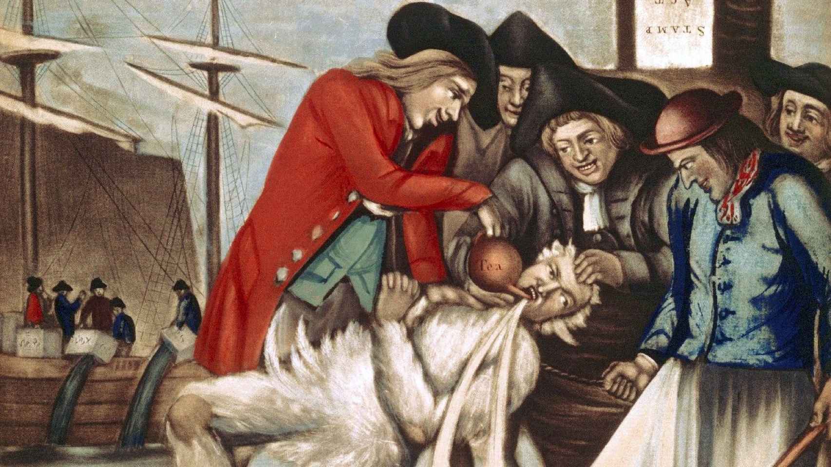 'Los bostonianos pagando al recaudador, o embreándolo y emplumándulo' (1774). Atribuido a Philip Dawe.