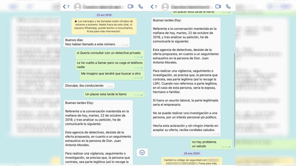 Conversación de WhatsApp en la que el detective extremeño rechaza el encargo de Loic, al que confunde con 'Eloy'.