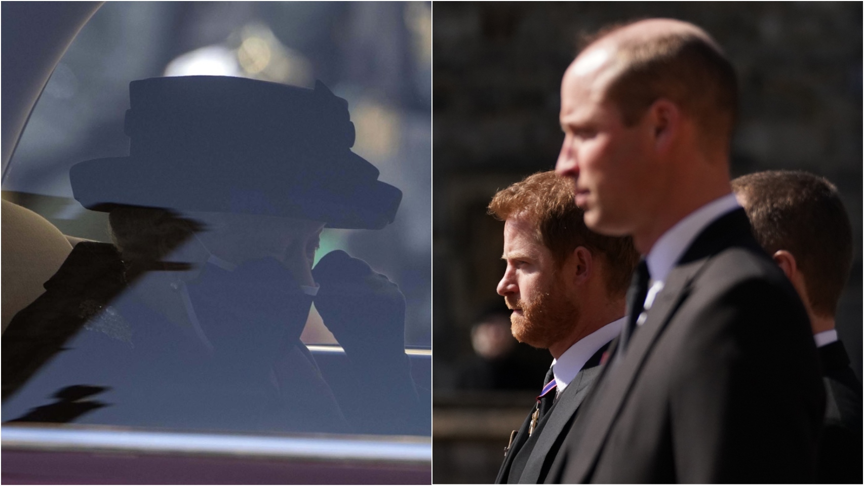 La reina Isabel II se seca una lágrima en su coche y sus nietos, Guillermo y Harry, en el desfile tras su abuelo, el duque de Edimburgo.