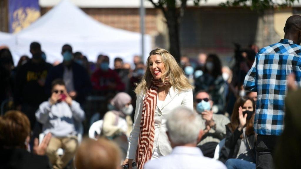Yolanda Díaz, durante el último mitin de Unidas Podemos, en Lavapiés.