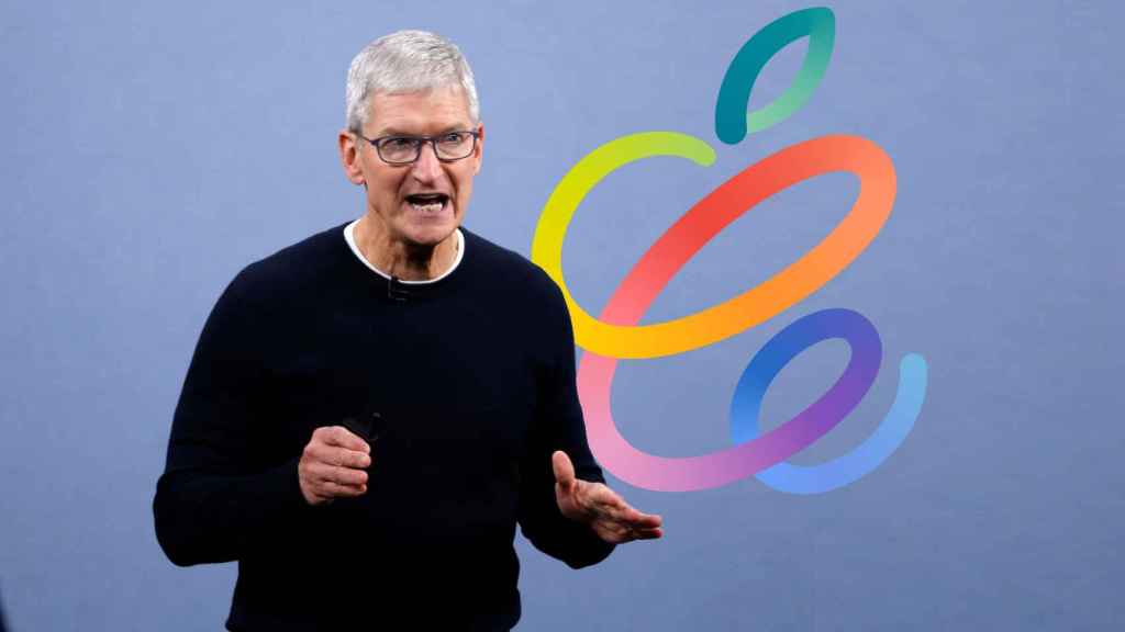 Montaje de Tim Cook, CEO de Apple, con el logo del Apple Event.