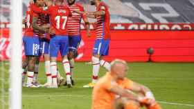 Los jugadores del Granada celebran su gol