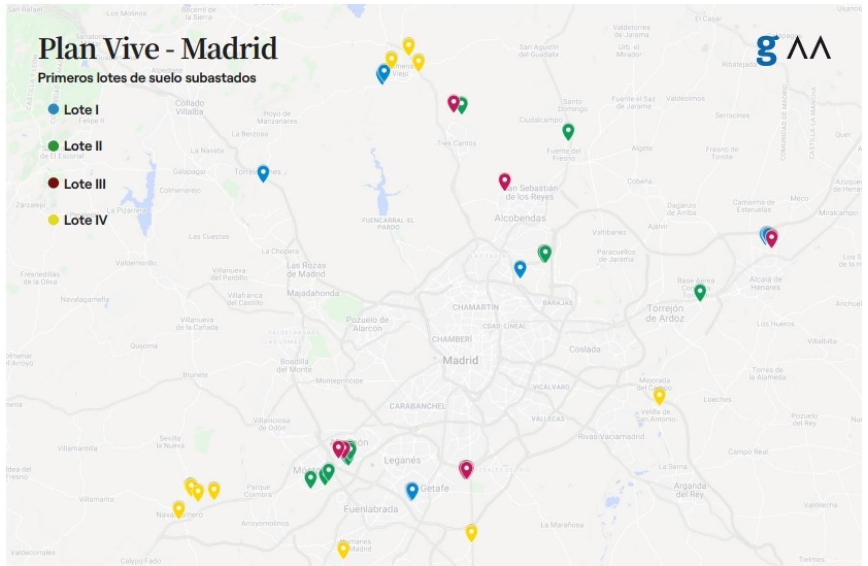 Mapa de los primeros lotes de suelo subastados dentro del Plan Vive de la Comunidad de Madrid.