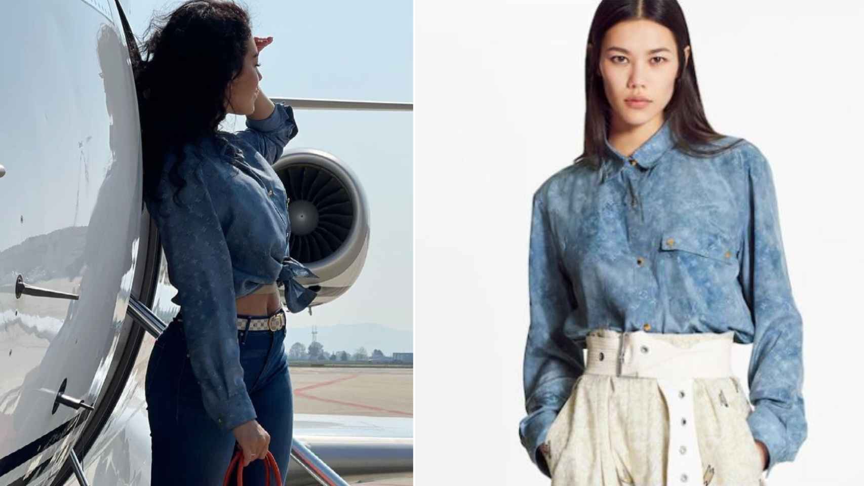 tragedia Nabo Desigualdad El 'look' de Georgina para volar en jet: camisa de Louis Vuitton de 1.300  euros, joyas y Birkin