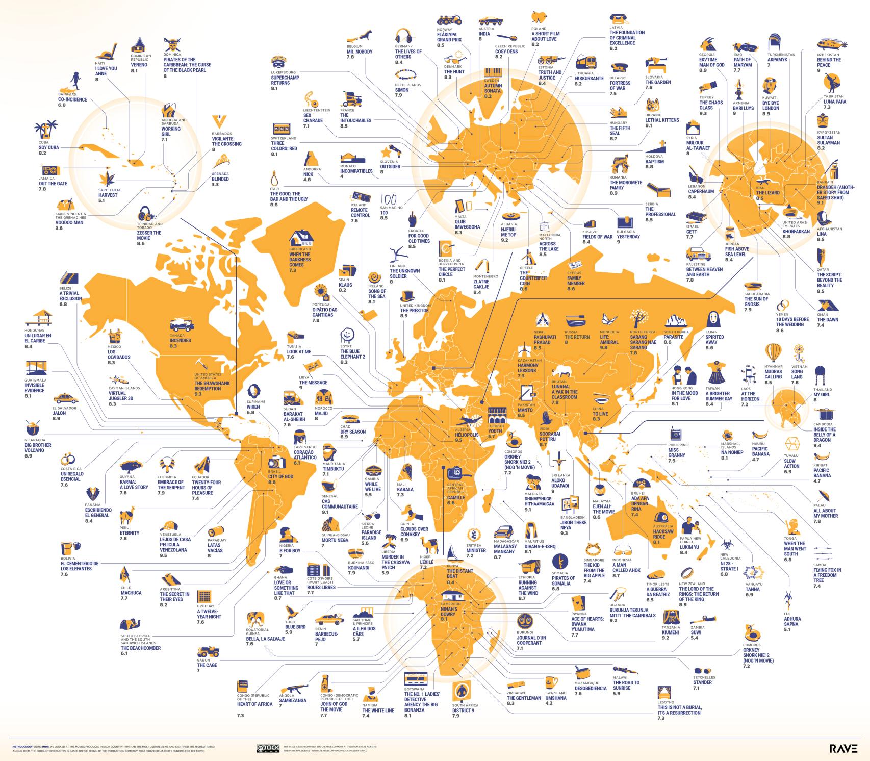 Mapa de todo el mundo con las películas más votadas.