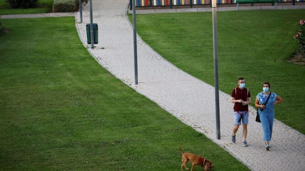 Una pareja pasea con su perro.