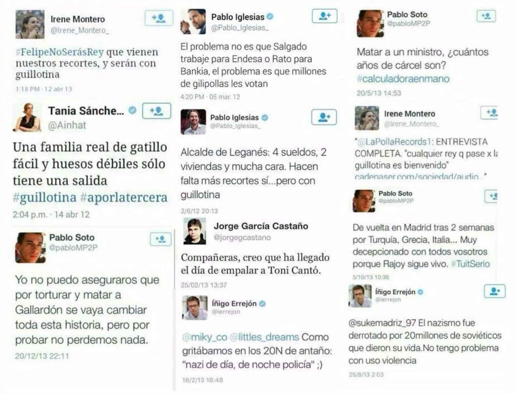 Tuits de fundadores de Podemos en 2012 y 2013.