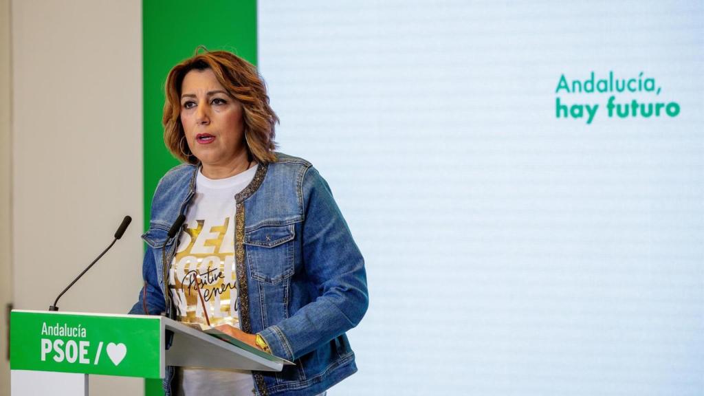 La secretaria general del PSOE andaluz, Susana Díaz, durante la rueda de prensa de este jueves.