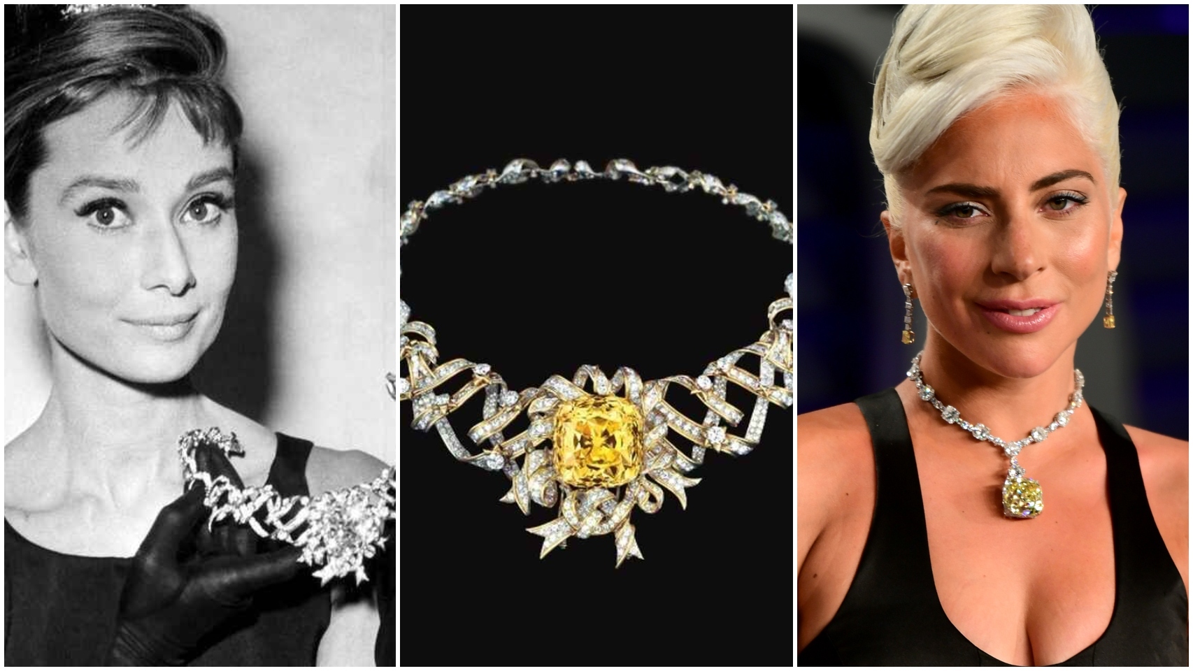 Audrey Hepburn y Lady Gaga con el Tiffany Yellow Diamond.