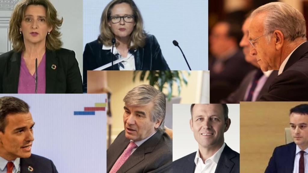 Teresa Ribera, Nadia Calviño, Isidro Fainé, Pedro Sánchez, Francisco Reynés, David Neal e Iván Redondo.