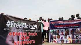 Una manifestación en Abuya pidiendo la liberación de los estudiantes secuestrados anteriormente.