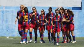 Las jugadoras del Barça Femenino celebran un gol frente al Granadilla Tenerife
