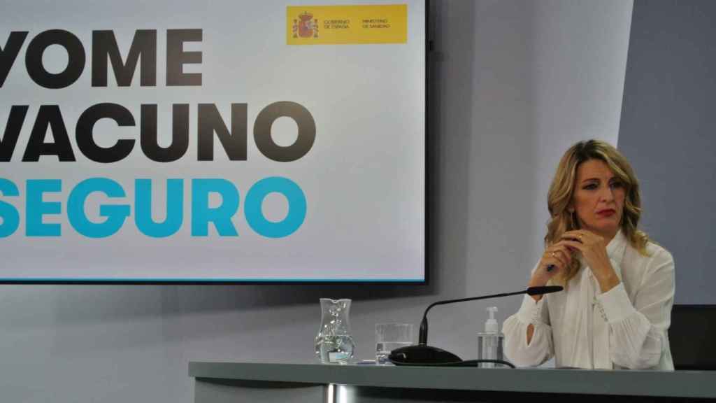 La Ministra de Trabajo Yolanda Díaz, durante un momento de la rueda de prensa posterior al Consejo de Ministros.