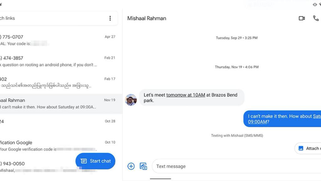 Google messages with split screen