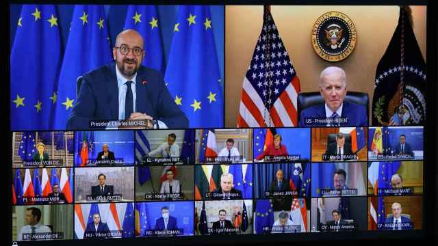 El presidente de EEUU, Joe Biden, durante su videoconferencia con los líderes europeos en marzo