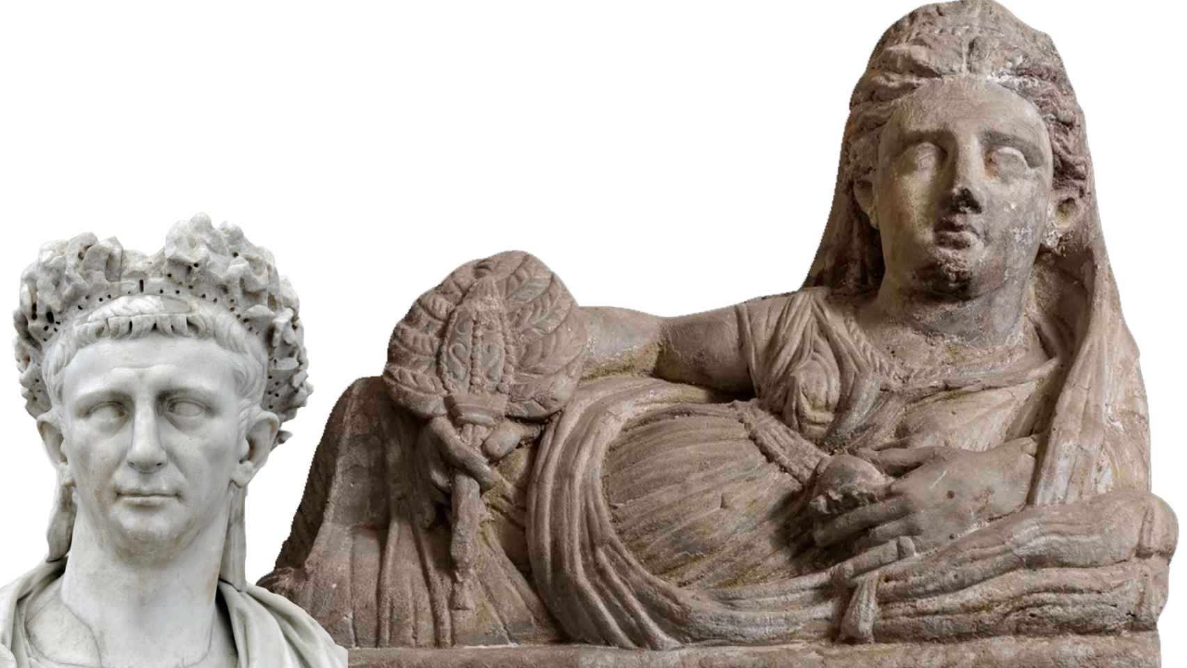 Una de las figuras de 'Etruscos. El amanecer de Roma' junto al busto del emperador Claudio.