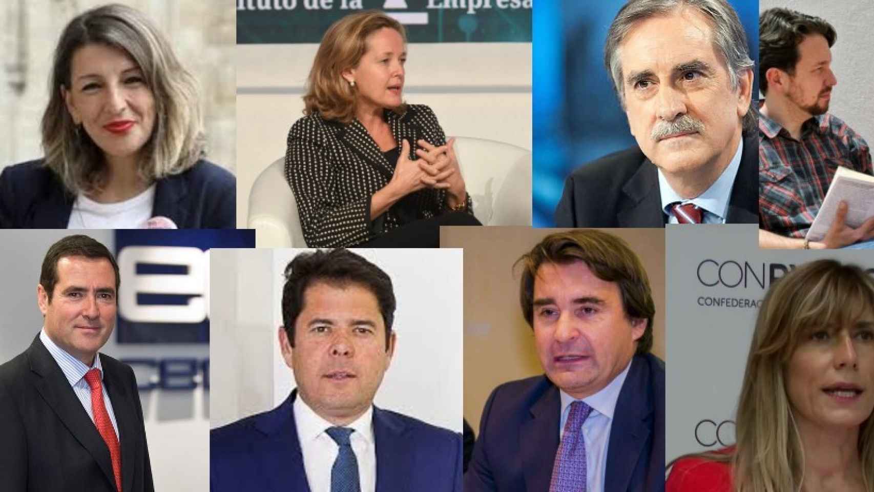 Yolanda Díaz, Nadia Calviño, Valeriano Gómez, Pablo Iglesias, Antonio Garamendi, Gerardo Cuerva, José Luis Roca y Begoña Gómez.