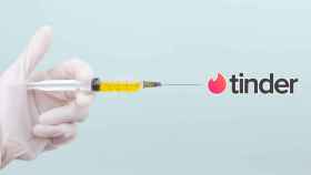 Fotomontaje de una vacuna con el logo de Tinder.