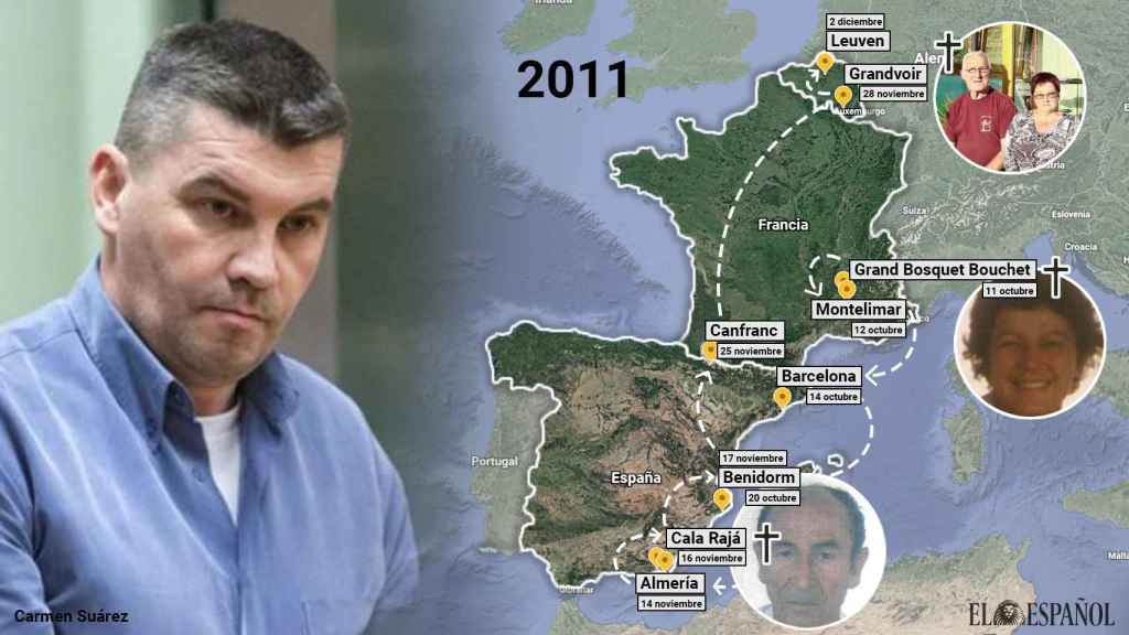 La presunta ruta que cometió Étienne Dedroog en 2011. Mató a tres personas y se le atribuye un cuarto en España.