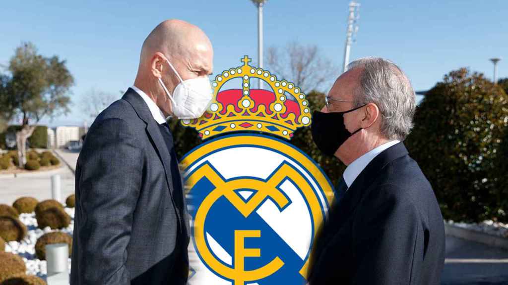Zinedine Zidane y Florentino Pérez, en un fotomontaje con el escudo del Real Madrid