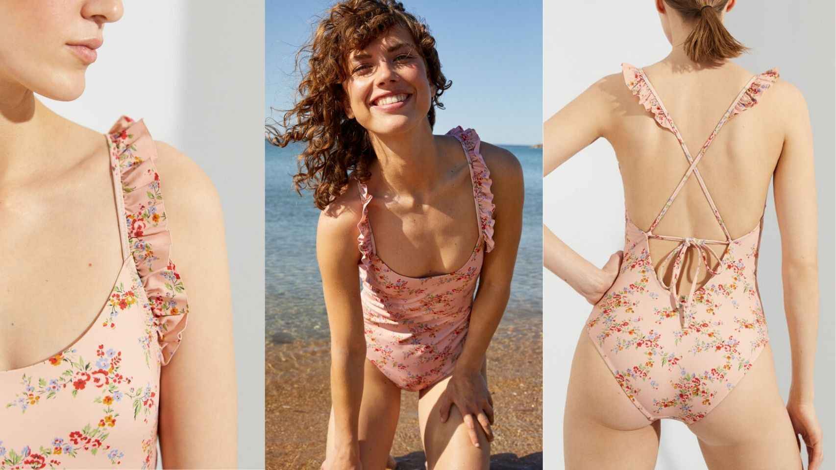 El modelo 'Cristina' combina detalles románticos, estampado de flores y aberturas en la espalda.