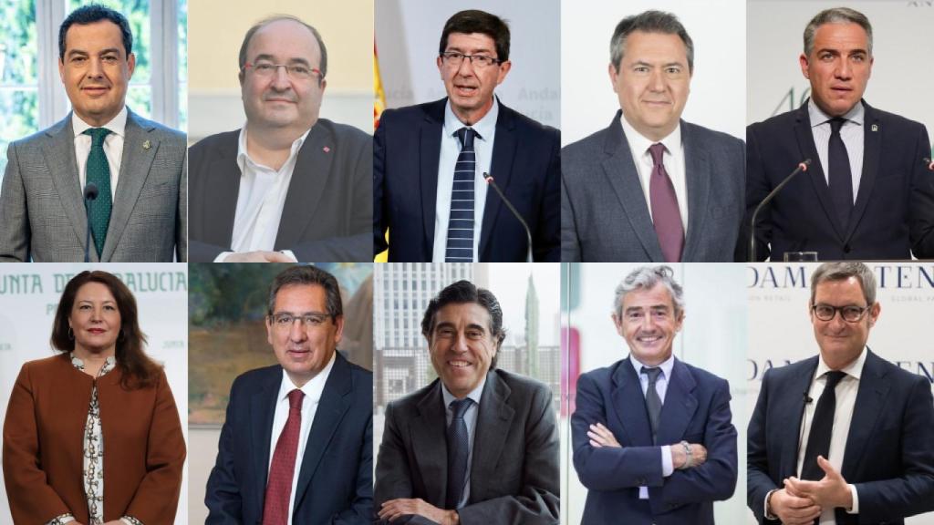 Juan Manuel Moreno Bonilla, presidente de la Junta de Andalucía; Miquel Iceta, ministro de Política Territorial y Función Pública; Juan Marín, vicepresidente de la Junta y consejero de Turismo; Juan Espadas, alcalde de Sevilla y actual candidato en las primarias del PSOE andaluz; Elías Bendodo, consejero de Presidencia y portavoz del Gobierno andaluz; Carmen Crespo, consejera de Agricultura; Antonio Pulido, presidente de la Fundación Cajasol; Manuel Manrique, presidente y CEO de Sacyr; José María Pacheco, presidente de Konecta y Jaume Miquel, presidente y consejero delegado de Tendam.